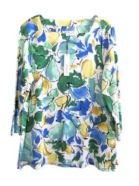 Chicos Molly Square Neck Floral Tunic Top 3/4 Sleeve Pima Cotton Size L 2 New
